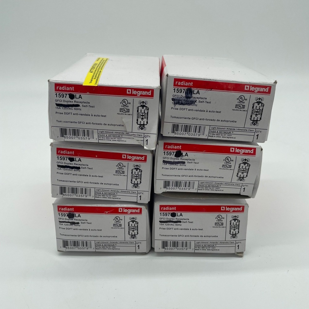 Lot of 6 Legrand Radiant 1597LA GFCI Outlet 15A 125V Light Almond Self-Test